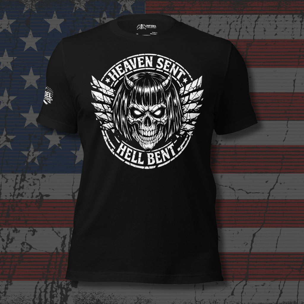 Black t-shirt with a graphic design featuring a skull and text on an American flag background.
