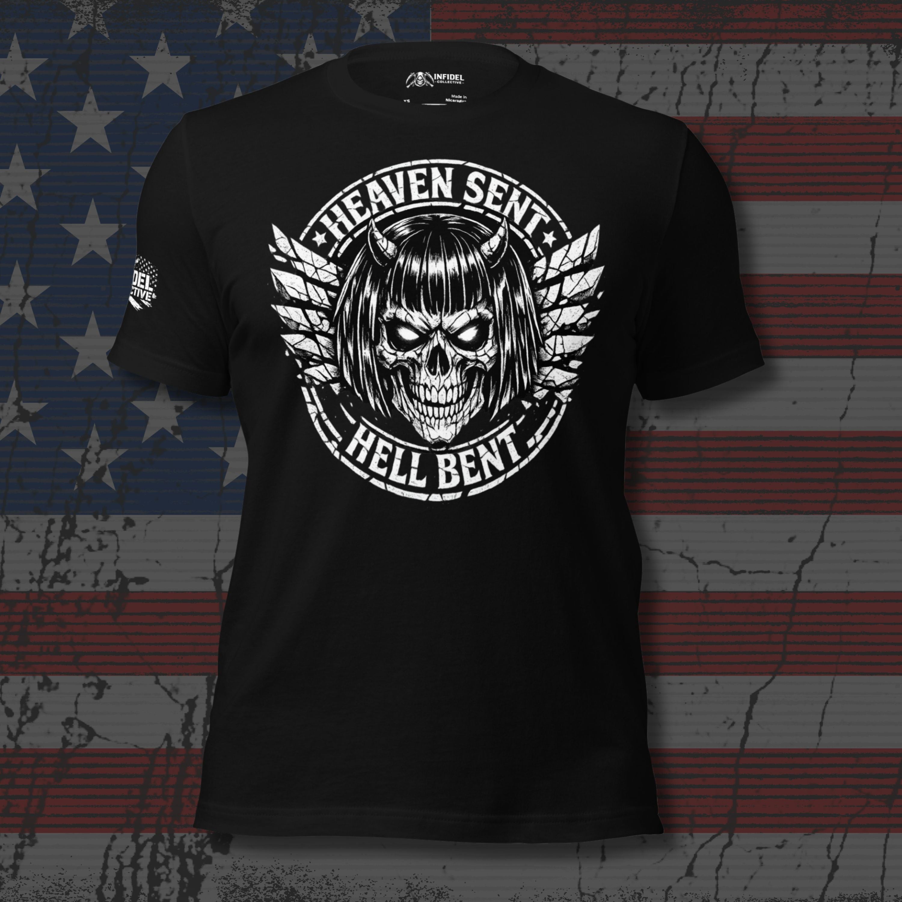 Black t-shirt with a graphic design featuring a skull and text on an American flag background.