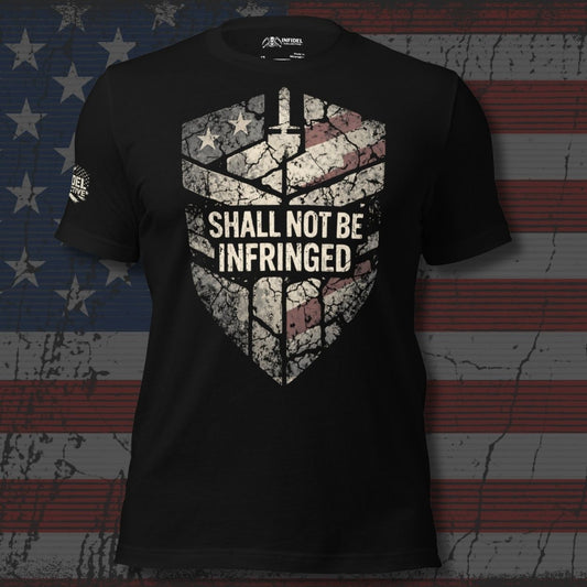 Black t-shirt with 'Shall Not Be Infringed' shield graphic design on an American flag background