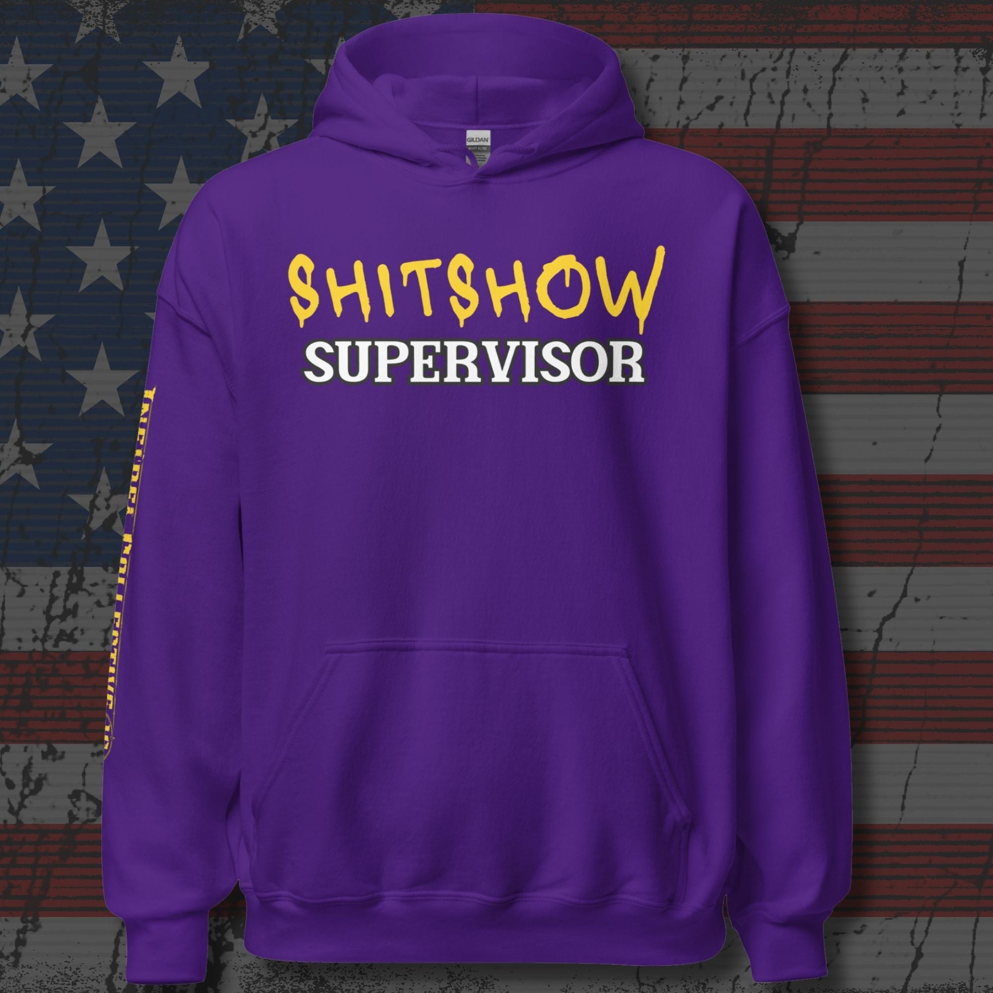 Purple hoodie with 'SHITSHOW SUPERVISOR' text on a textured background