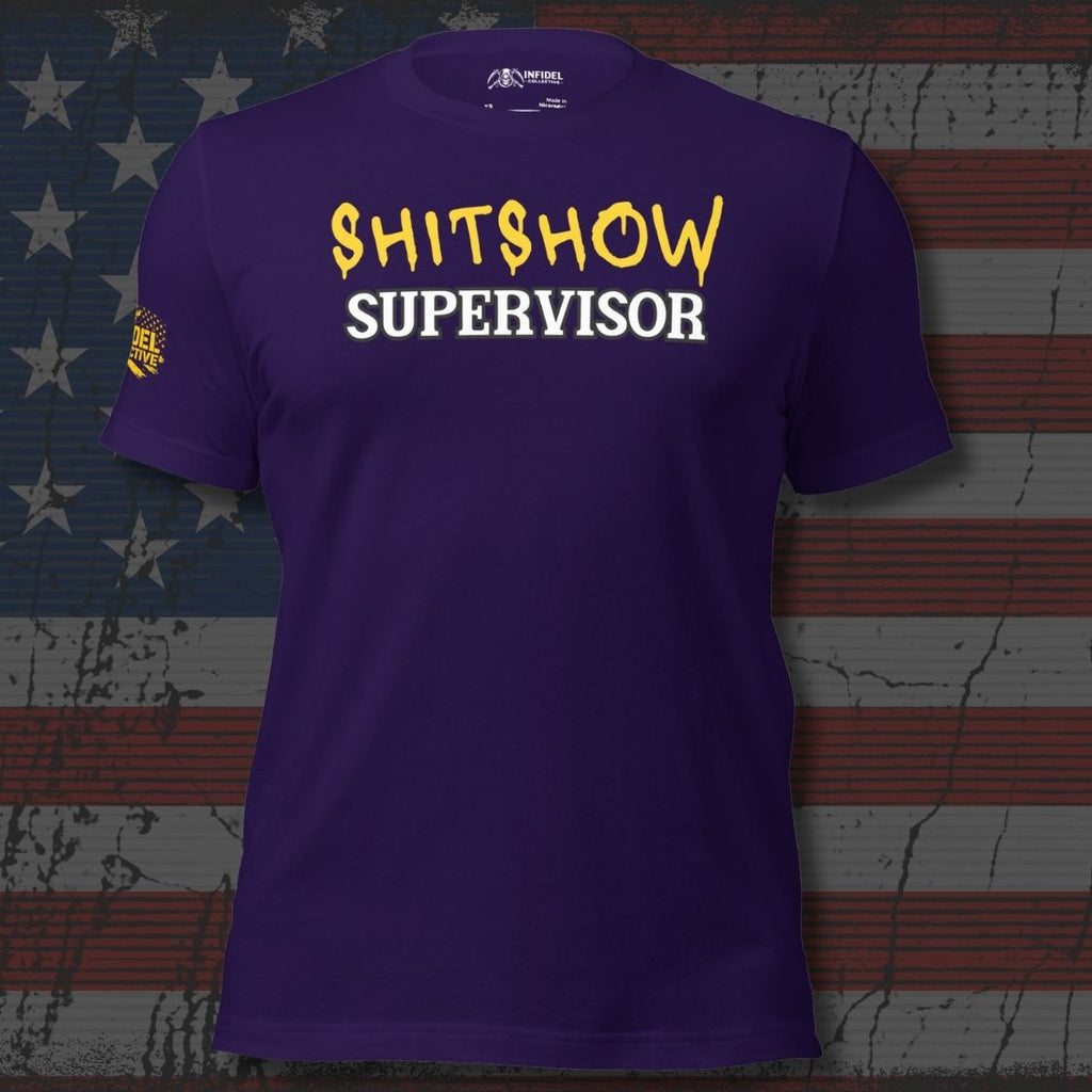 Purple t-shirt with 'SHITSHOW SUPERVISOR' text on a textured flag background