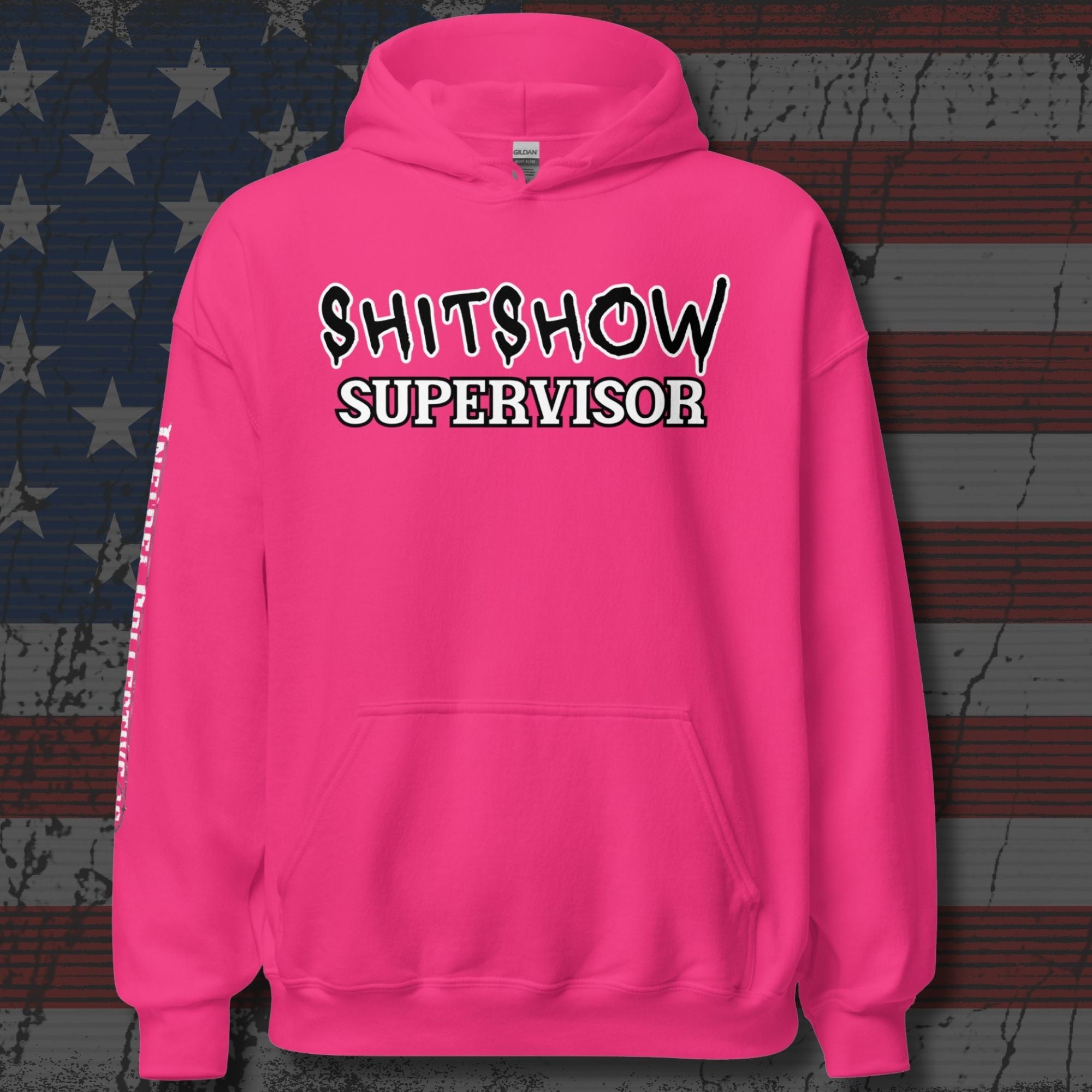Shitshow Supervisor women’s front print pink hoodie from Infidel Collective