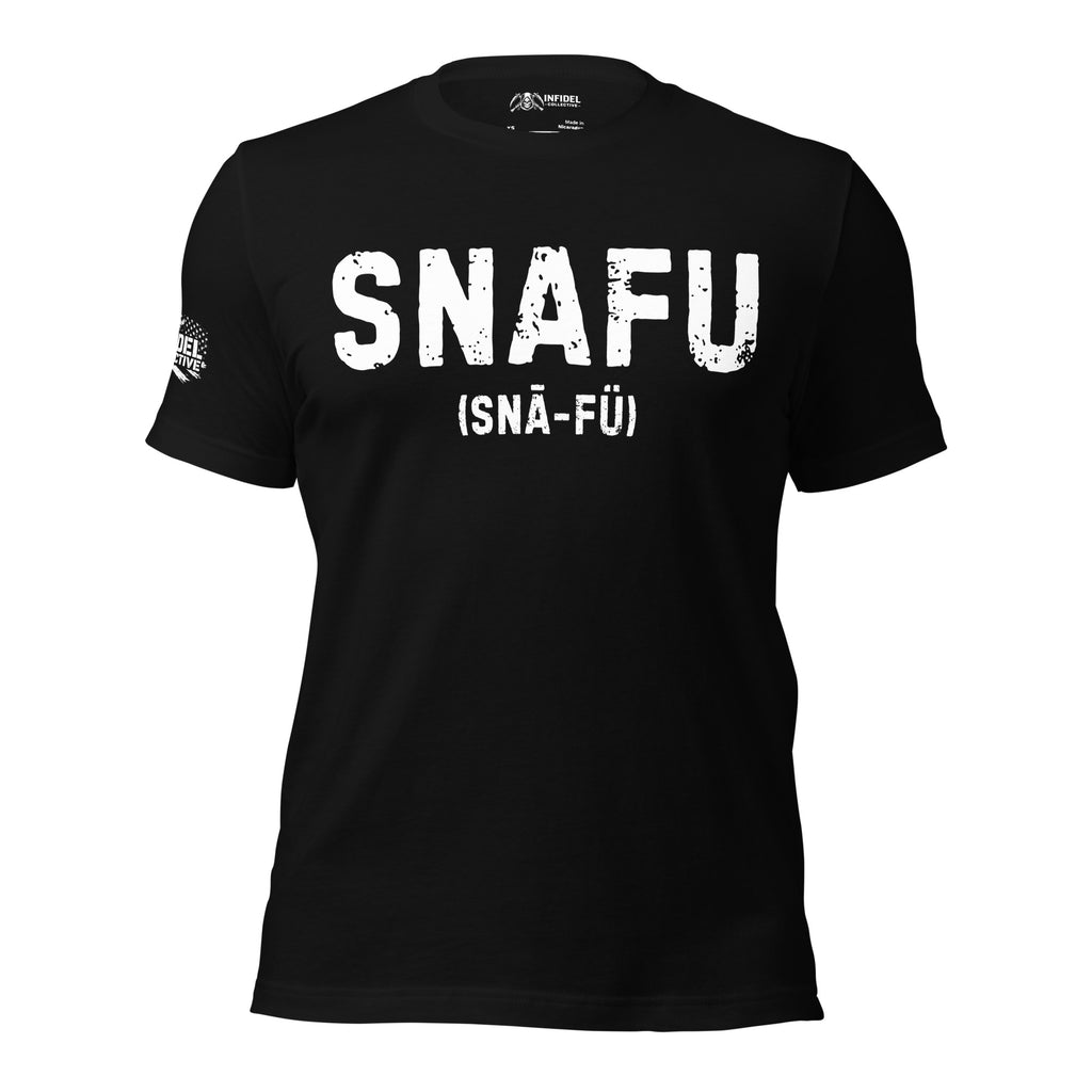 SNAFU spelled out across the front of a ghosted black tee.
