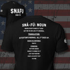 SNAFU defined across the back of a black t-shirt with SNAFU spelled out across the front of the shirt, shown in upper right corner of the image.