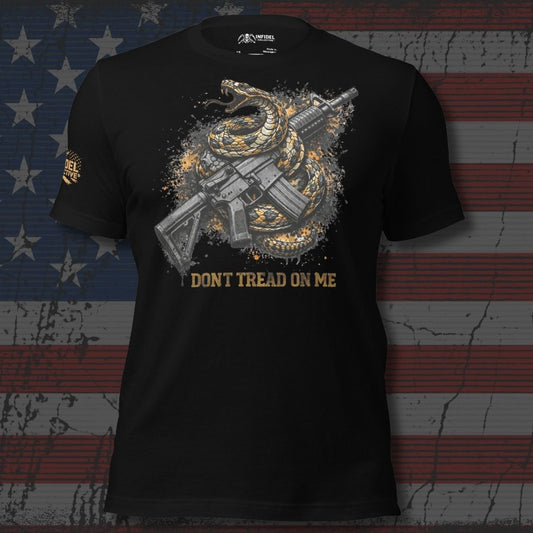 Black t-shirt with snake and rifle graphic and 'Don't Tread on Me' text on an American flag background.