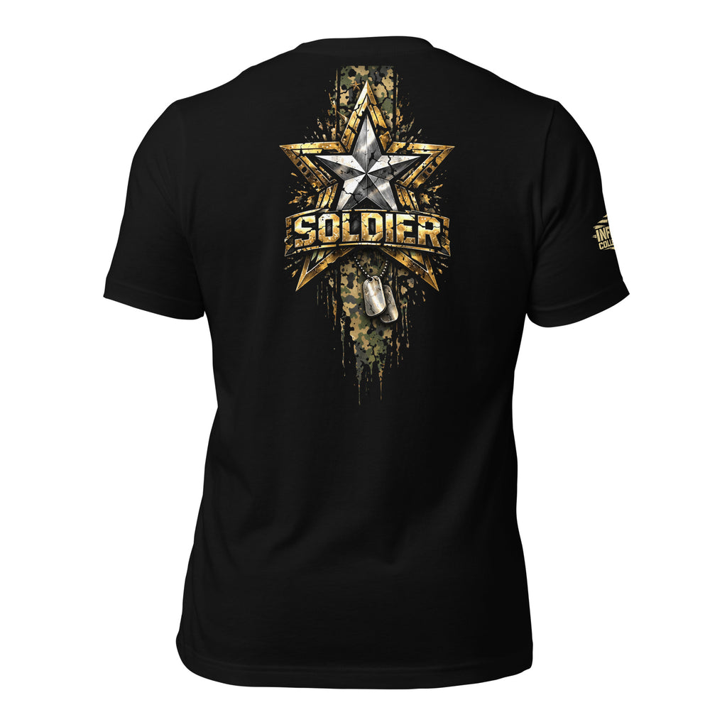 Black t-shirt with American flag design on the back against a white background