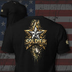 Black t-shirt with 'SOLDIER' graphic design on a distressed American flag background