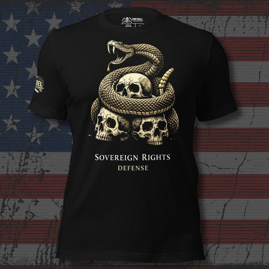 Black t-shirt with snake and skull design on an American flag background