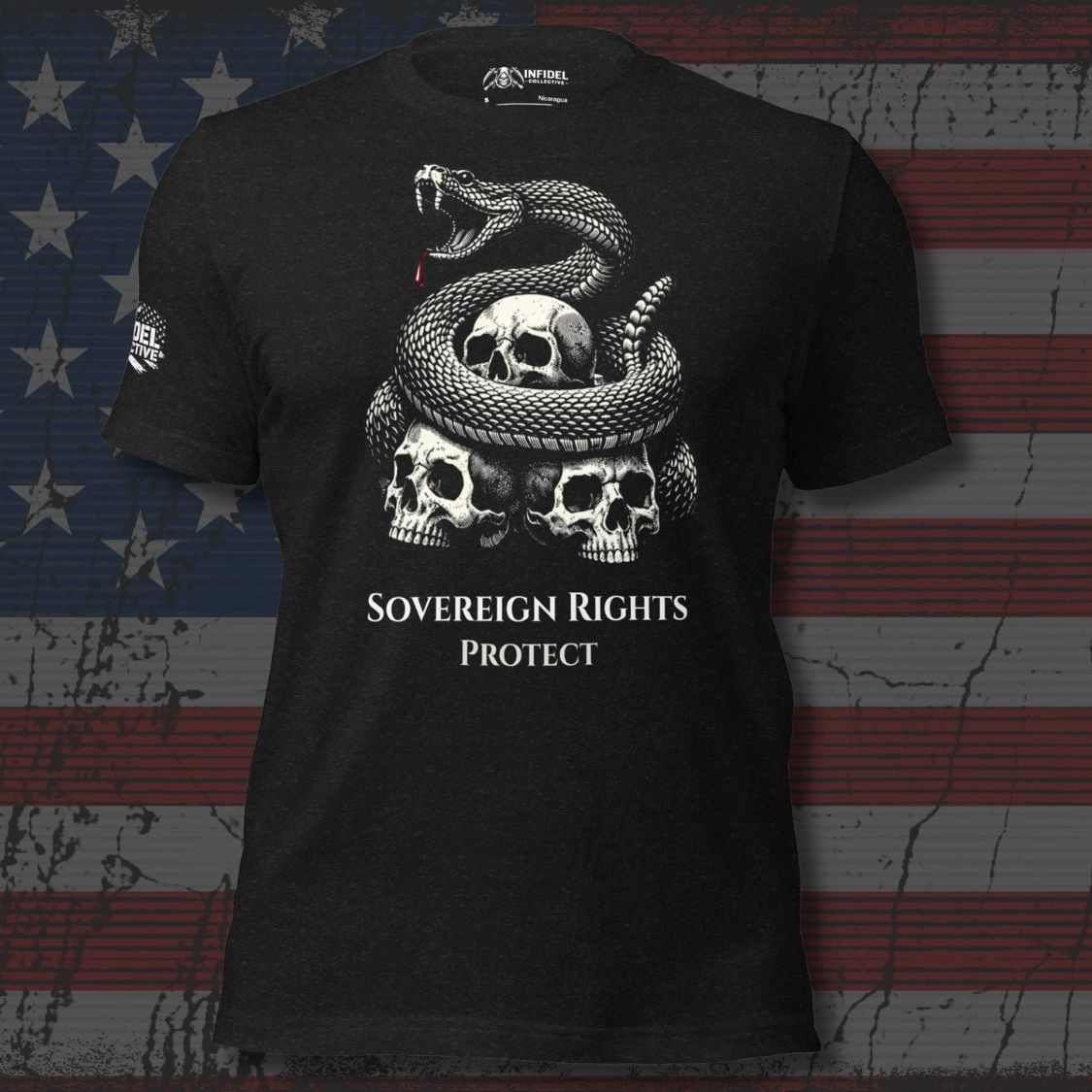 Sovereign Rights Protect rattlesnake graphic black tee from Infidel Collective
