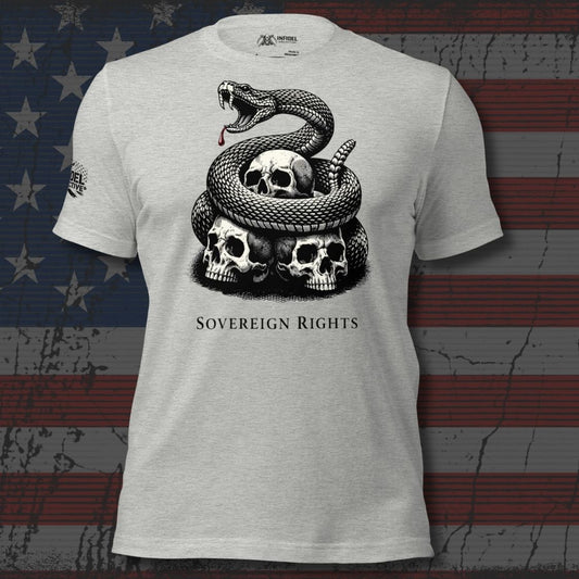Gray t-shirt with snake and skull design on an American flag background