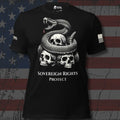 A black short-sleeve graphic t-shirt featuring a large white and gray print of a coiled snake over three skulls, with the text 'SOVEREIGN RIGHTS PROTECT' below. The shirt is displayed against a distressed American flag background, with a visible 'INFIDEL' brand logo on the right sleeve and inner neck label.
