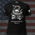 A black short-sleeve graphic t-shirt featuring a large white and gray print of a coiled snake over three skulls, with the text 'SOVEREIGN RIGHTS PROTECT' below. The shirt is displayed against a distressed American flag background, with a visible 'INFIDEL' brand logo on the right sleeve and inner neck label.