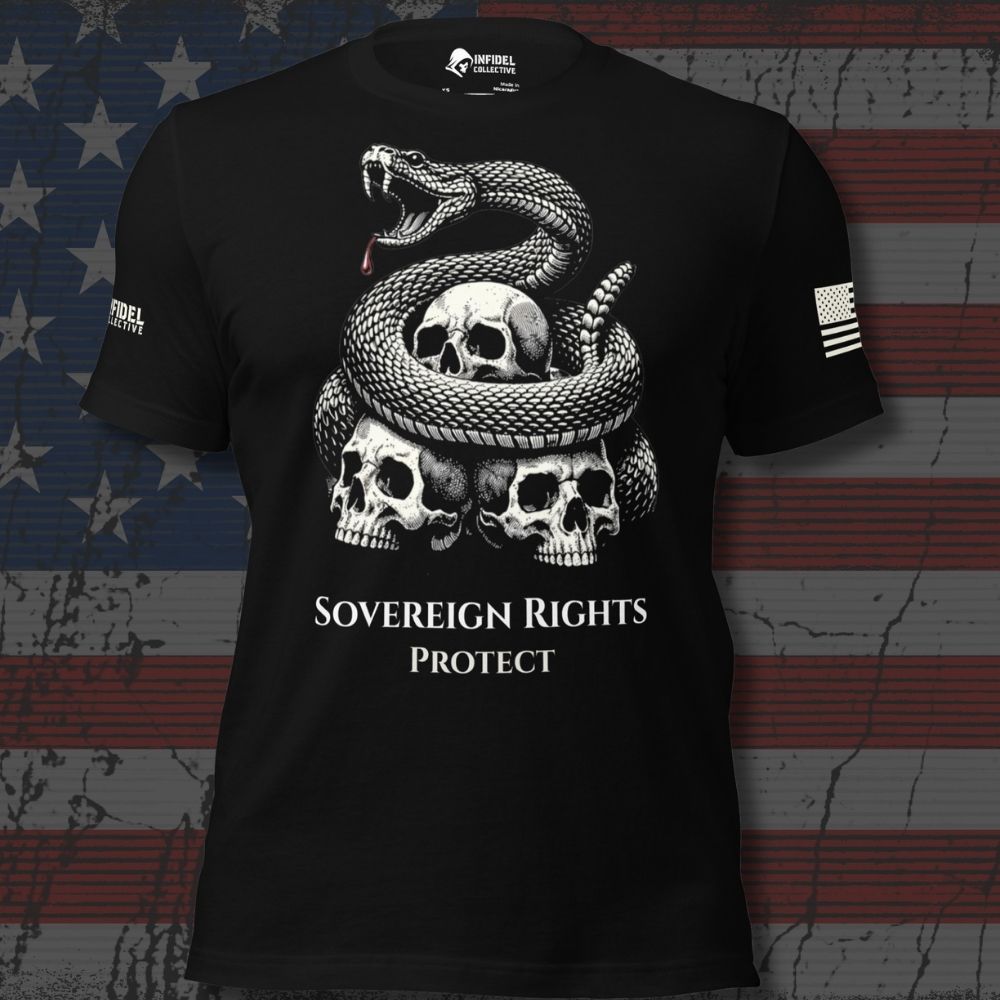 A black short-sleeve graphic t-shirt featuring a large white and gray print of a coiled snake over three skulls, with the text 'SOVEREIGN RIGHTS PROTECT' below. The shirt is displayed against a distressed American flag background, with a visible 'INFIDEL' brand logo on the right sleeve and inner neck label.