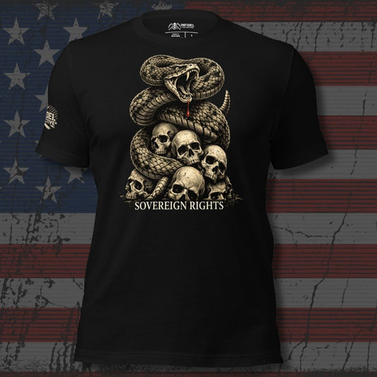 Black t-shirt with snake and skull design on an American flag background