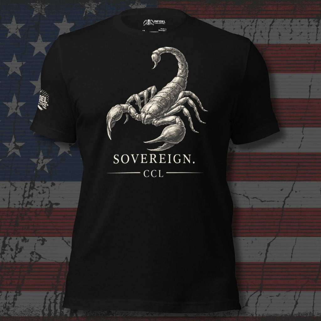Black t-shirt with a scorpion graphic and 'Sovereign CCL' text on an American flag background