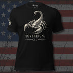 Black t-shirt with a scorpion graphic and 'Sovereign CCL' text on an American flag background