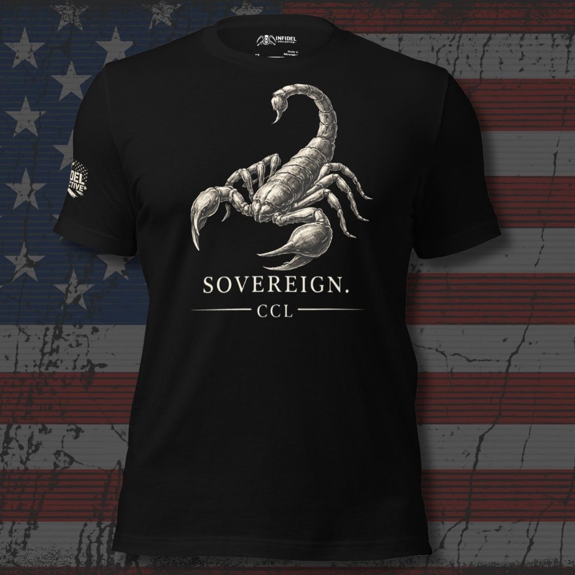 Black t-shirt with a scorpion graphic and 'Sovereign CCL' text on an American flag background
