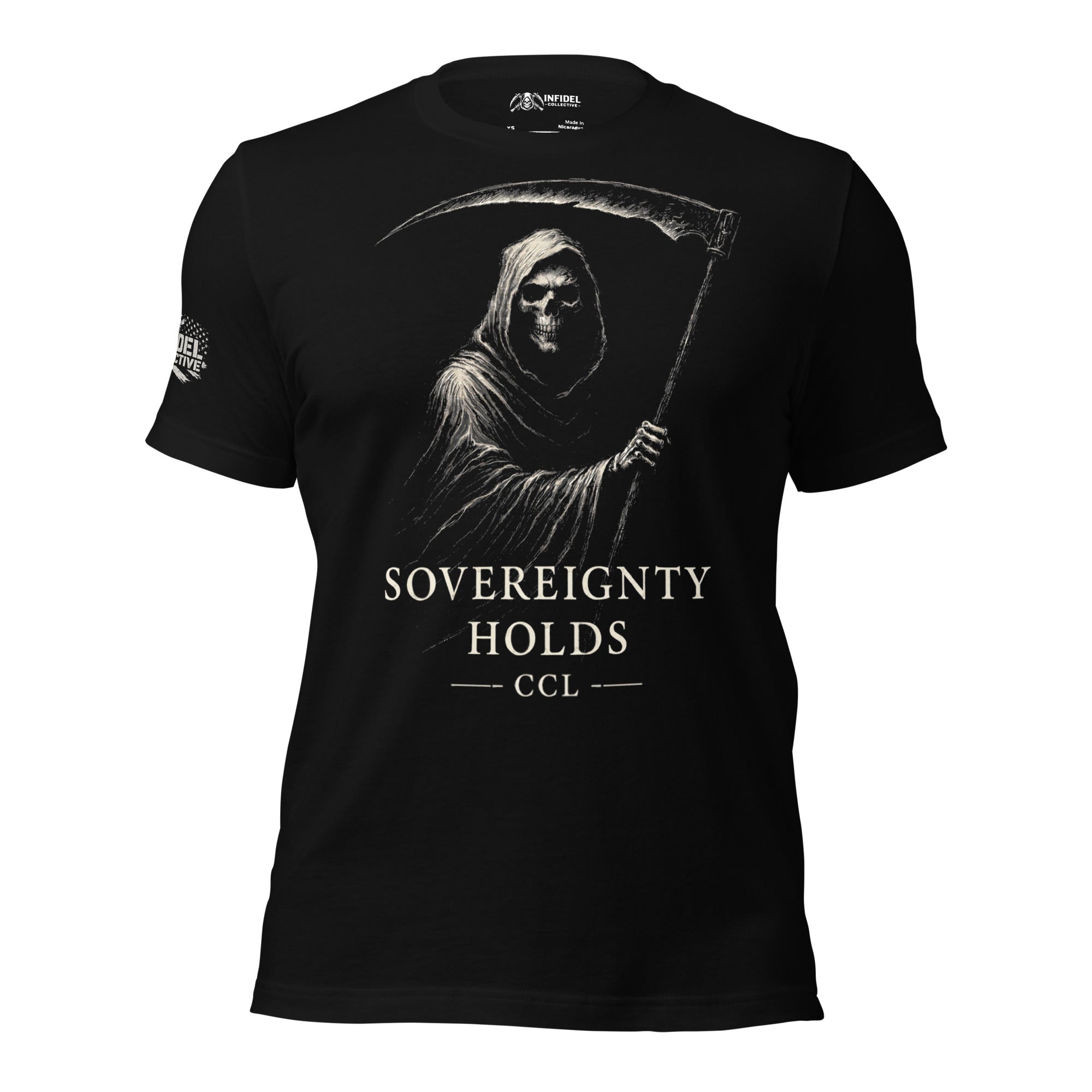 Black t-shirt with turbo graphic and text on a white background