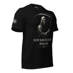 Black t-shirt with a graphic of a hooded figure and text on a white background