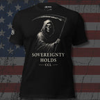 Black t-shirt with a graphic design of a Grim Reaper and text "SOVEREIGNTY HOLDS CCL" on an American flag background