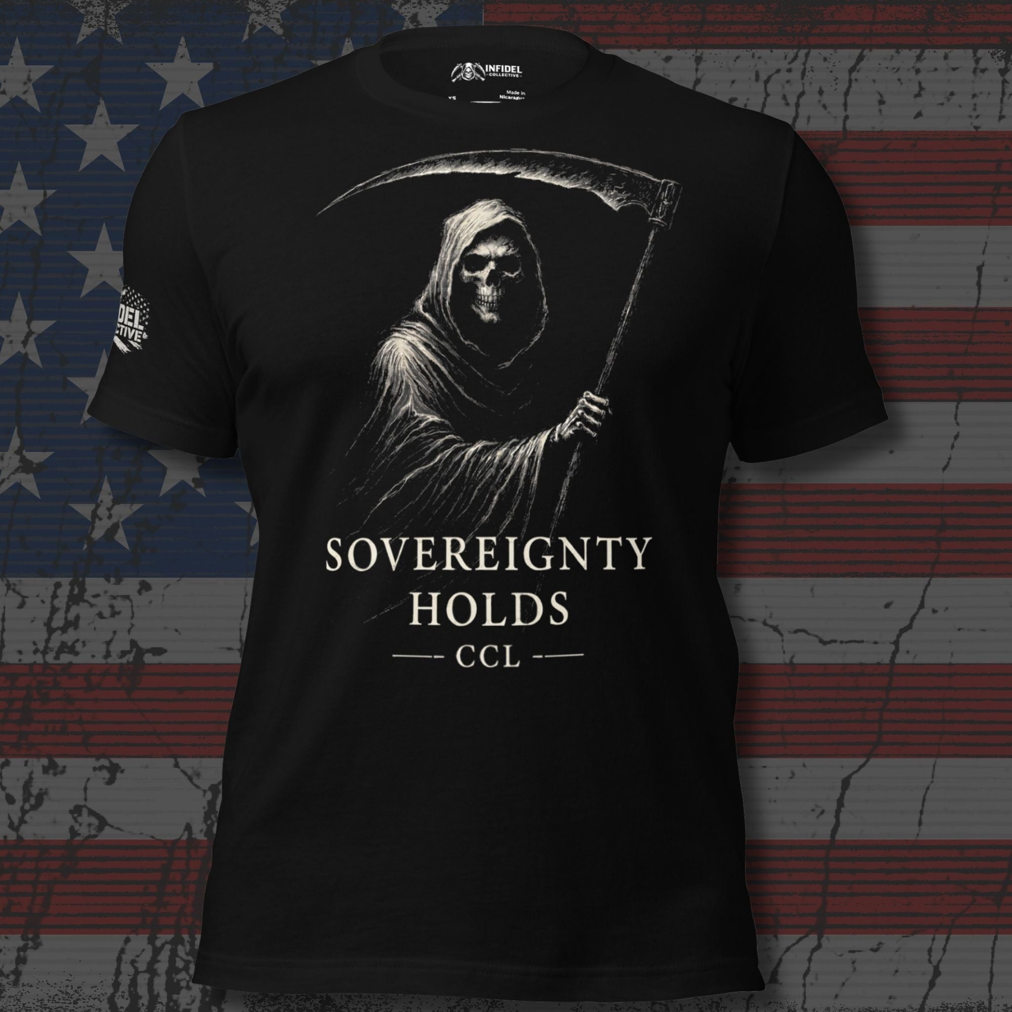 Black t-shirt with a graphic design of a Grim Reaper and text "SOVEREIGNTY HOLDS CCL" on an American flag background