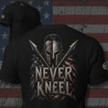 Never Kneel Spartan helmet with crossed spears and American flag back print black tee from Infidel Collective