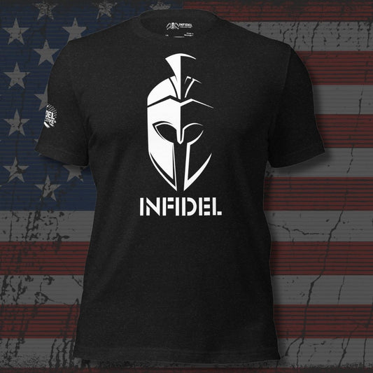 Black t-shirt with Spartan helmet graphic and 'INFIDEL' text on an American flag background