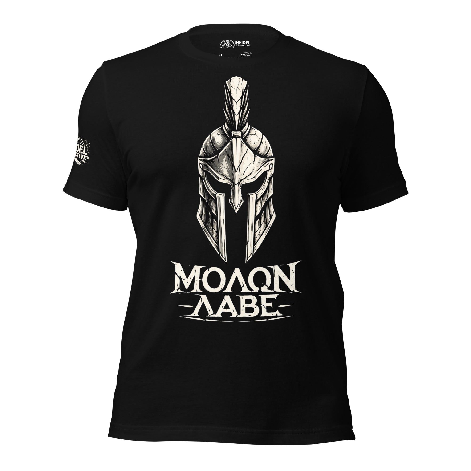 Black t-shirt with Spartan helmet design and 'Molon Labe' text on an American flag background