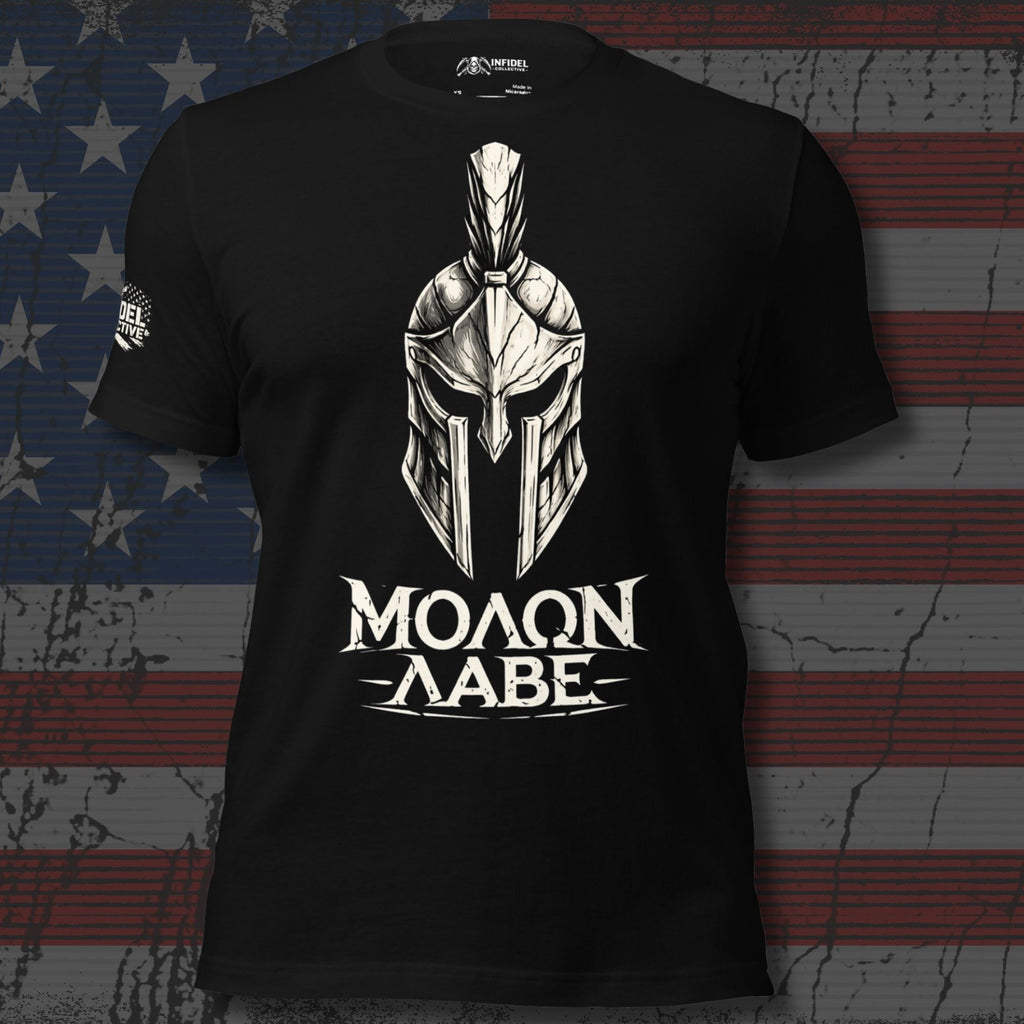 Black t-shirt with Spartan helmet design and 'Molon Labe' text on an American flag background