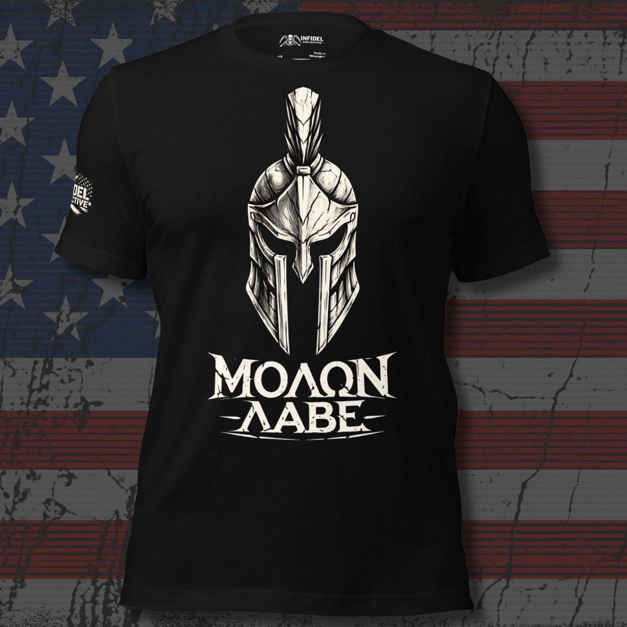 Black t-shirt with Spartan helmet design and 'Molon Labe' text on an American flag background