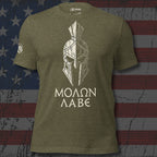 Ghosted military green tee with 'MOLON LABE' text ( in Greek) against a US Flag background.