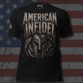 Spartan helmet over distressed American flag with American Infidel text front print black tee from Infidel Collective
