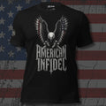 spread-wing bald eagle with spiked American flag feathers and American Infidel text front print black tee from Infidel Collective
