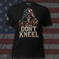 hooded reaper in an American flag cloak with Don't Kneel text front print black tee from Infidel Collective