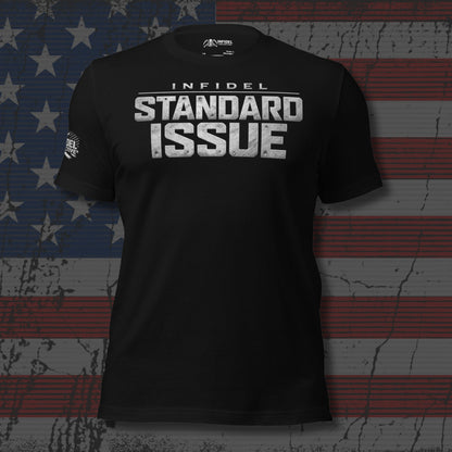 Black t-shirt with 'Infidel Standard Issue' text on a distressed American flag background