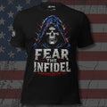 Fear the Infidel Standing Before You hooded reaper front print black tee from Infidel Collective