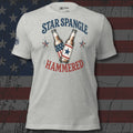 Star Spangled Hammered American flag beer bottles front print gray tee from Infidel Collective