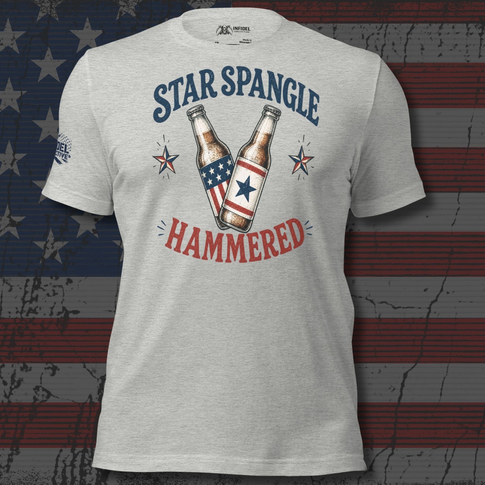 Star Spangle Hammered front print graphic on athletic heather tee featuring two patriotic beer bottles with red white and blue stars