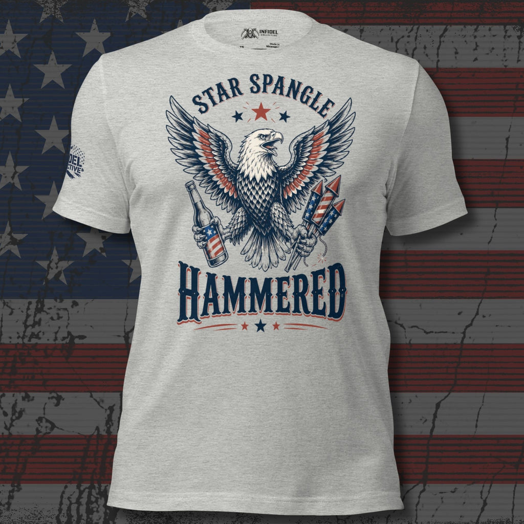 Star Spangle Hammered front print graphic on athletic heather tee featuring a bald eagle holding a beer bottle and patriotic fireworks rockets