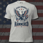 Star Spangle Hammered front print graphic on athletic heather tee featuring a bald eagle holding a beer bottle and patriotic fireworks rockets