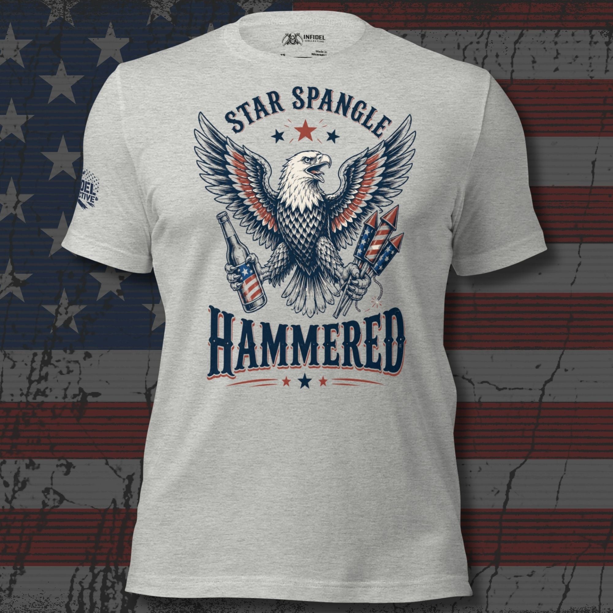 Star Spangle Hammered front print graphic on athletic heather tee featuring a bald eagle holding a beer bottle and patriotic fireworks rockets