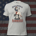 Star Spangled Hammered Liberty Belle pinup on Liberty Bell front print gray tee from Infidel Collective