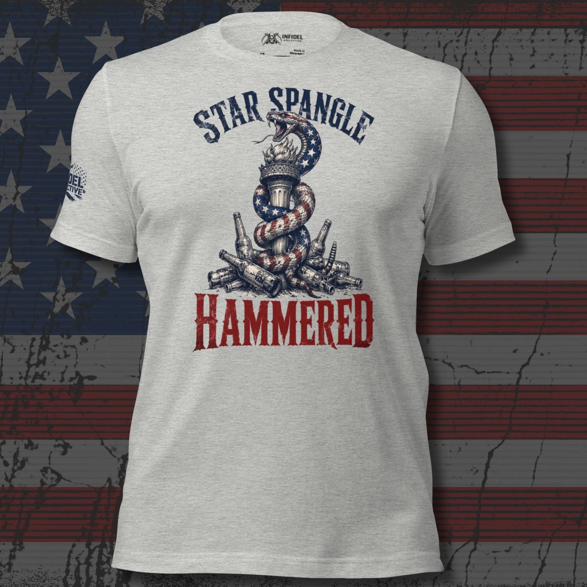 Star Spangle Hammered front print graphic on athletic heather tee featuring a patriotic rattlesnake wrapped around the Statue of Liberty torch with beer bottles