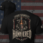 Star Spangle Hammered back print graphic on black tee featuring a rattlesnake coiled around an American flag beer bottle with distressed lettering