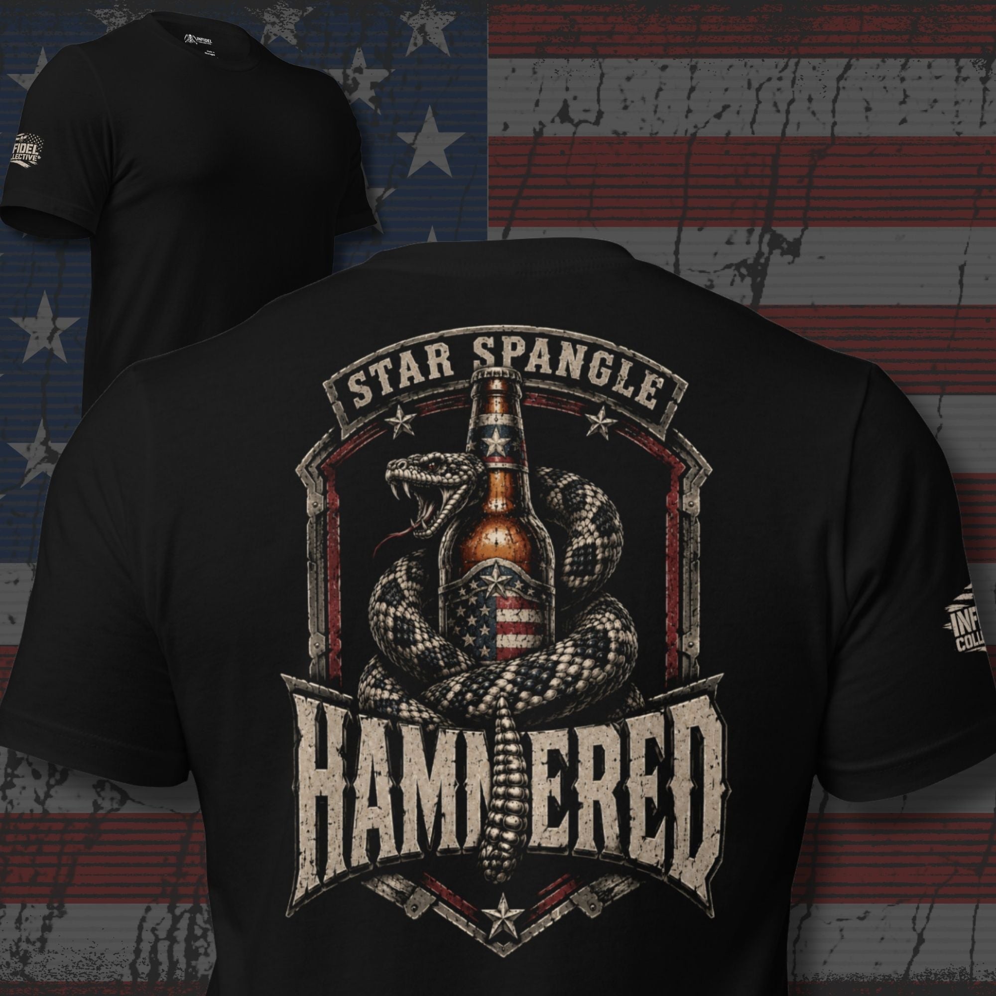 Star Spangle Hammered back print graphic on black tee featuring a rattlesnake coiled around an American flag beer bottle with distressed lettering