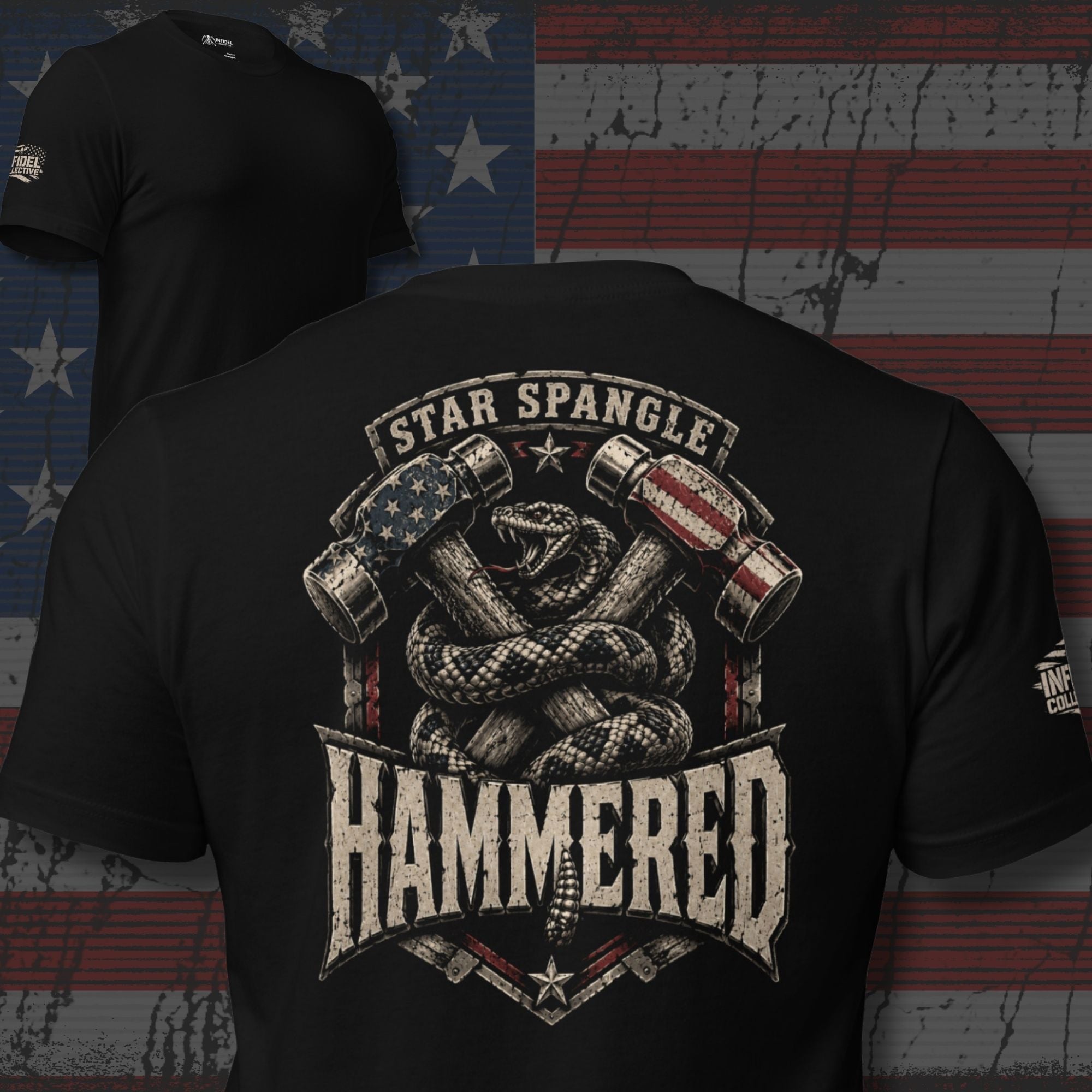 Star Spangle Hammered back print graphic on black tee featuring a rattlesnake wrapped around crossed American flag hammers with distressed lettering