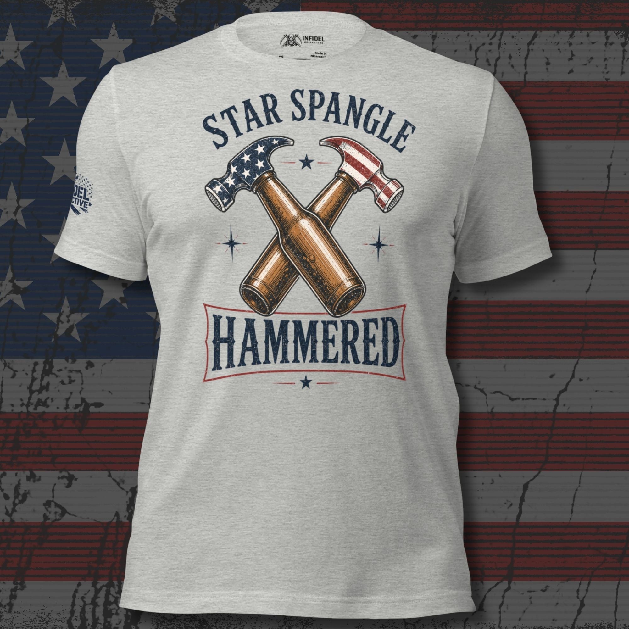 Star Spangle Hammered front print graphic on athletic heather tee featuring crossed beer bottles and American flag hammers
