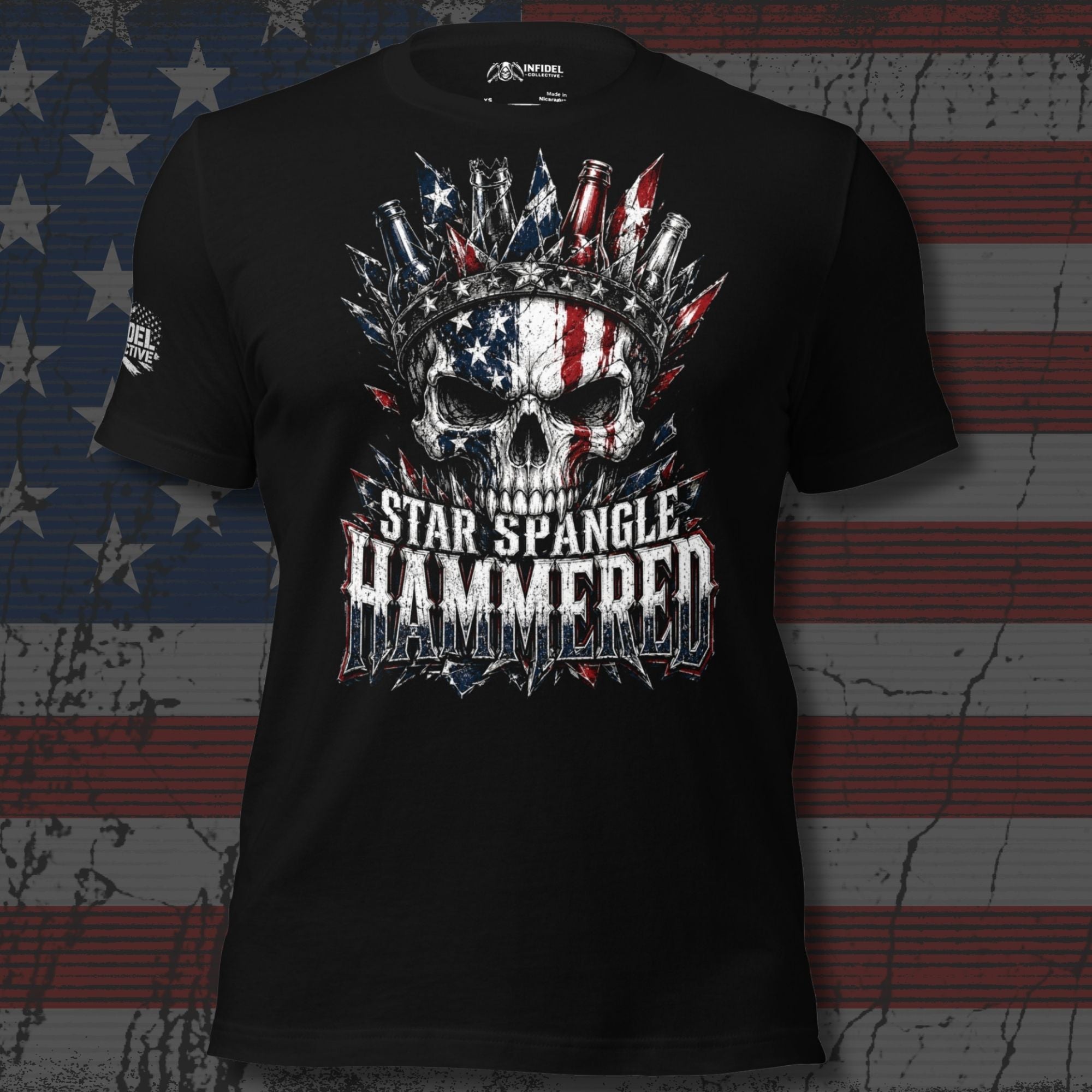 Star Spangle Hammered front print graphic on black tee featuring an American flag skull with bottle cap crown and distressed patriotic design