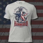 Star Spangle Hammered front print graphic on athletic heather tee featuring a rattlesnake wrapped around a patriotic star with beer bottles