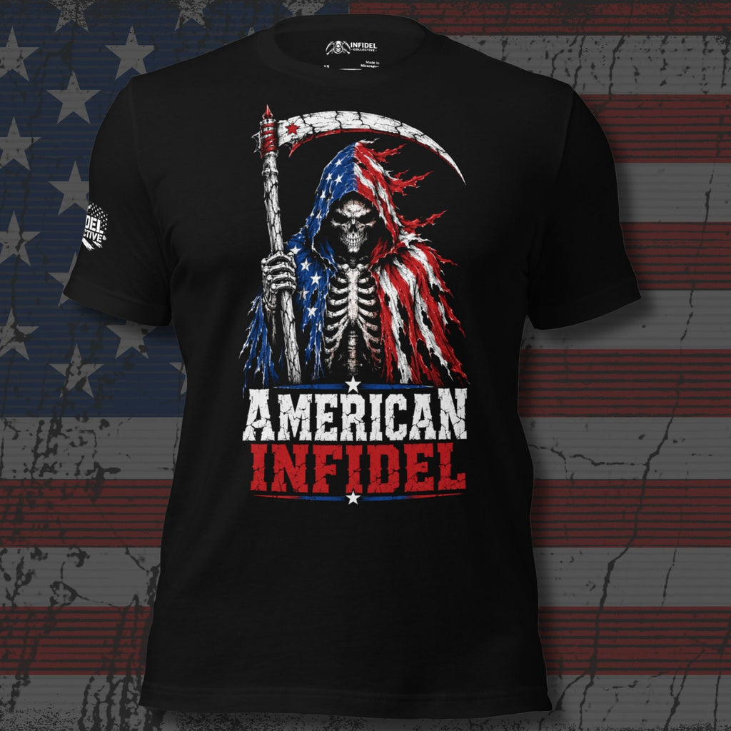 American Infidel Flag Bearer graphic black tee from Infidel Collective